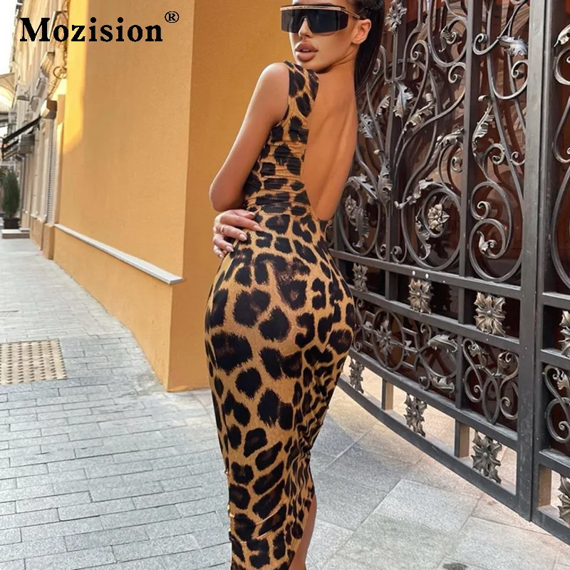 

Женское леопардовое платье-миди с открытой спиной, круглым вырезом, без рукавов