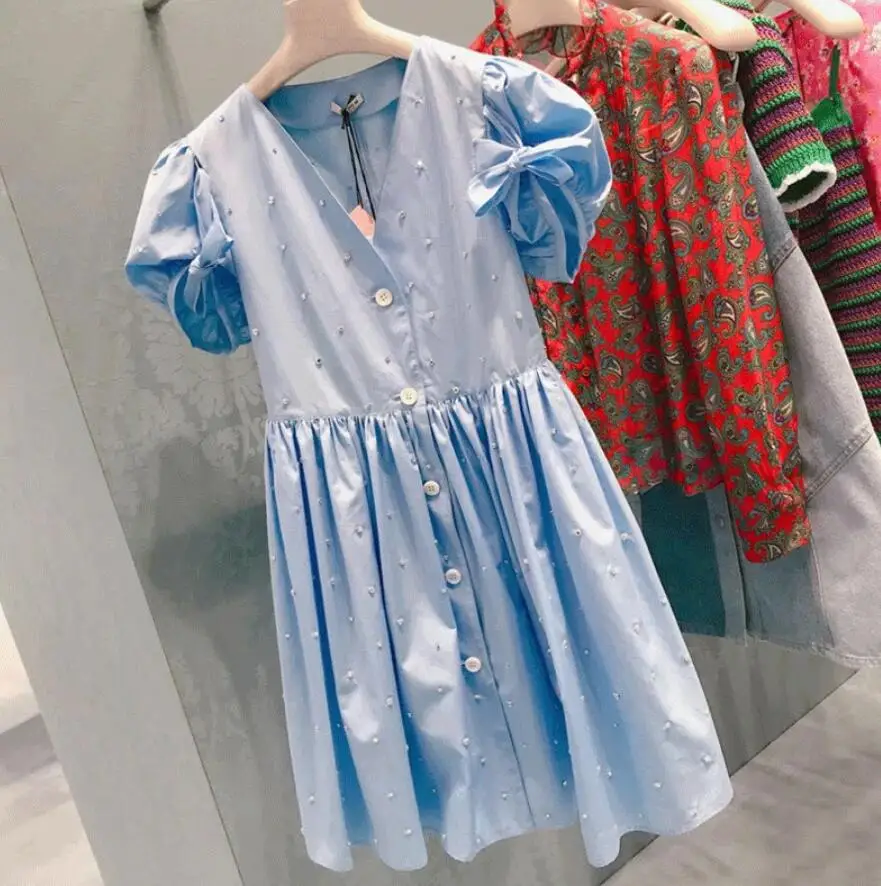 

2020 Designer High End Summer Cotton Blue Dress Women's Manual Diamond Bandage Bow V-Neck Fashion Dresses r1609