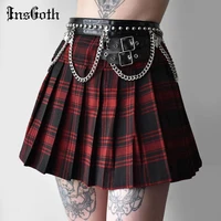 insgoth punk belt patchwork red plaid skirt goth vintage sexy jk a line hight wait pleated mini skirts harajuku grunge y2k skirt