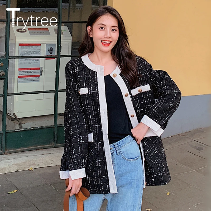 

Trytree Autumn Winter Women Casual Plaid Coat Knitted Button Polyester Single Breasted Wide-waisted Office Lady Pockets Top Coat