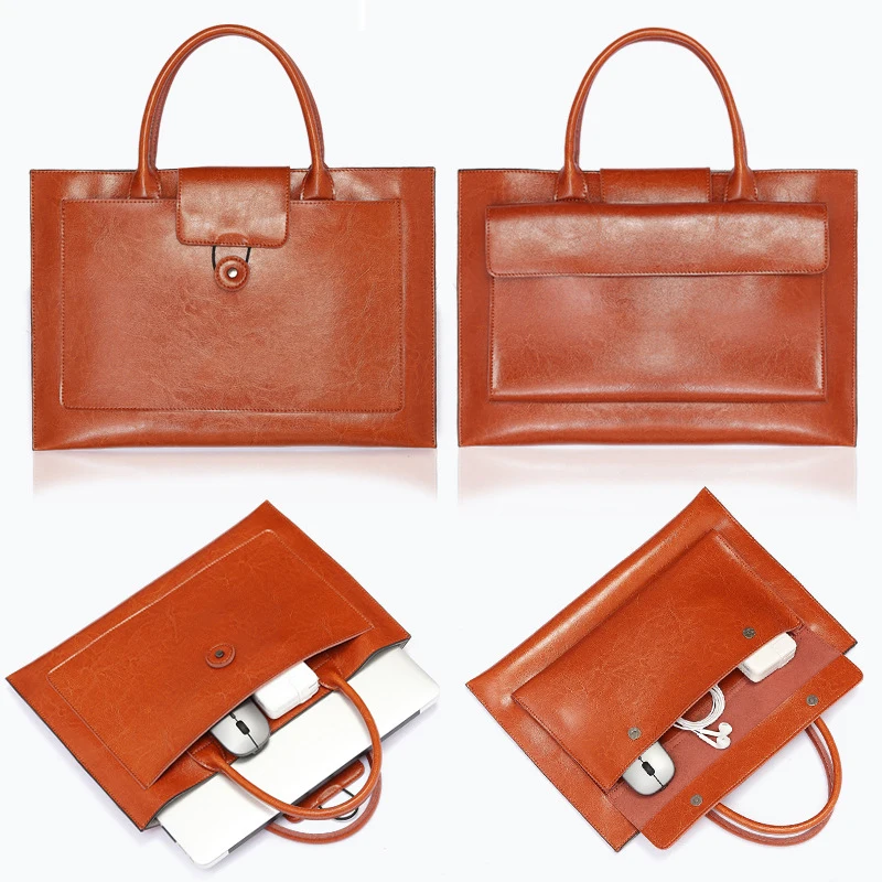 Laptop Bags Lady Split Leather Computer Bag Business Bags Book Briefcase 14 Inch Laptop Document Bag Ipad Handbag Storage Purses