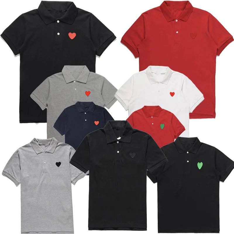 

(Have eyes)Summer Men Women Short Sleeve POLO Shirt Two Buckle Lapel Straight Waist Embroidery Love Peach Cotton Loose POLOShirt