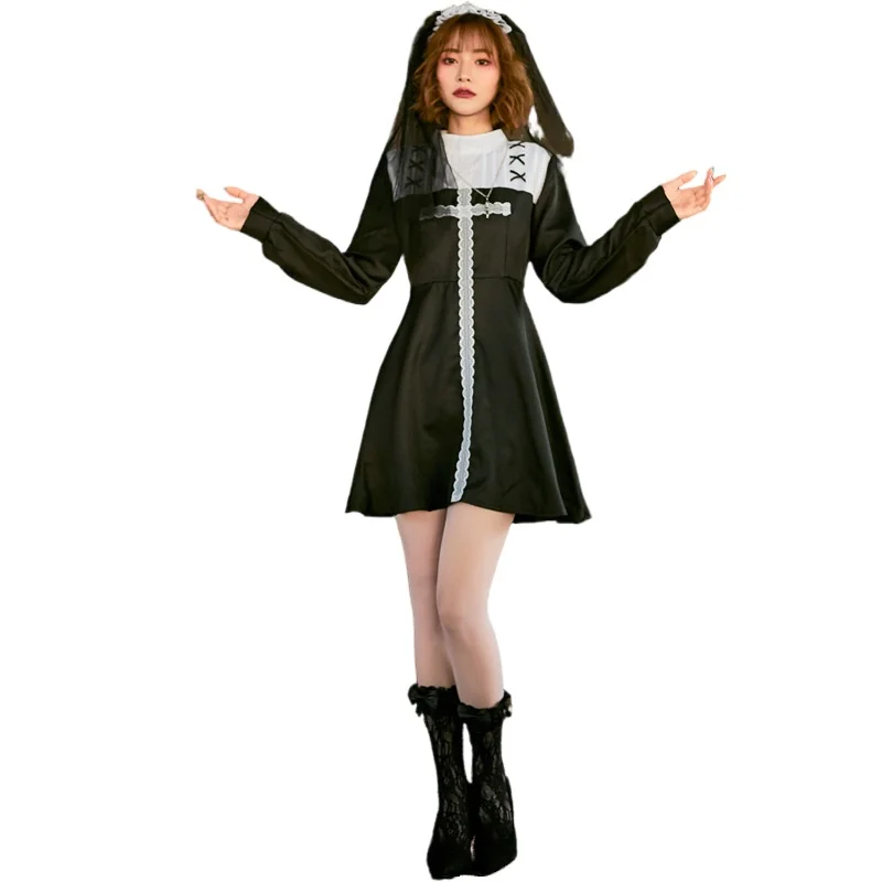Новый костюм монахини на Хэллоуин для взрослых черно-белое кружевное платье с