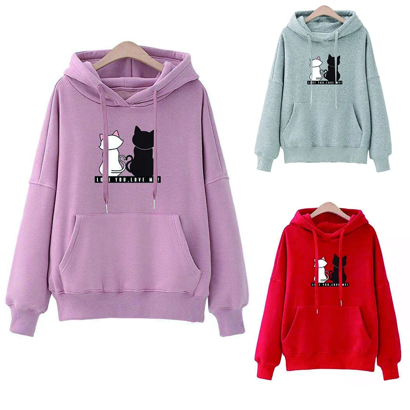 

Cute Kawaii Hoodie For Women With Cats Print Kangaroo Pocket Sweatshirt Drawstring Poleron Pullover Fashion Hoodie College Style