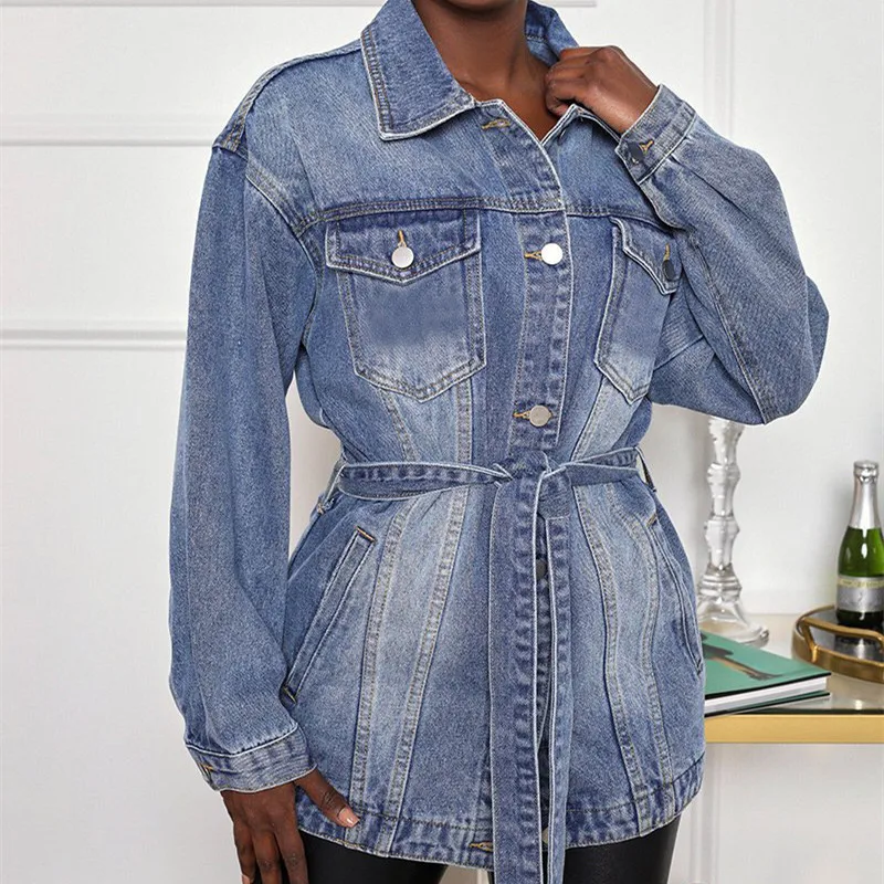 Женская джинсовая куртка с карманами пальто отложным воротником и длинным