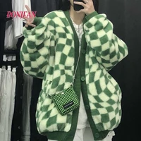2021 harajuku plush cardigan jacket women autumn and winter korean style checkerboard loose woman jacket korean coats women