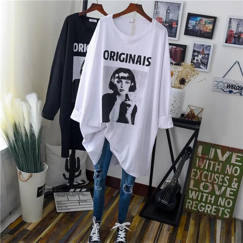 

Women's Large Size Graphic Casual Tee Tops Full Sleeve Round Neck Plus Long Cotton Casual Oversized T Shirt Homewear Maxi Size