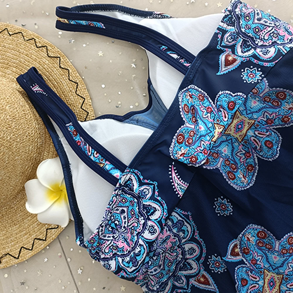 One Piece Suits Print Deep V-Neck Women's Swimsuit Vintage Summer Beachwear Gauze Sexy Swimwear Hight Cut Bathing Women Bodysuit