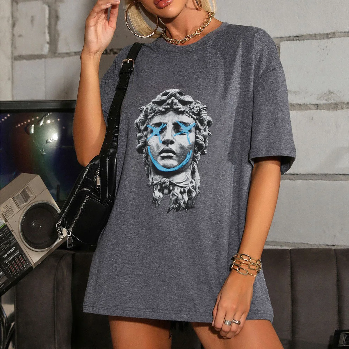 

Loose Print Casual Black Short-sleeved Women's Pattern T-shirt Women's T-shirt Oversized Tops Summer Plus Size Clothes Women