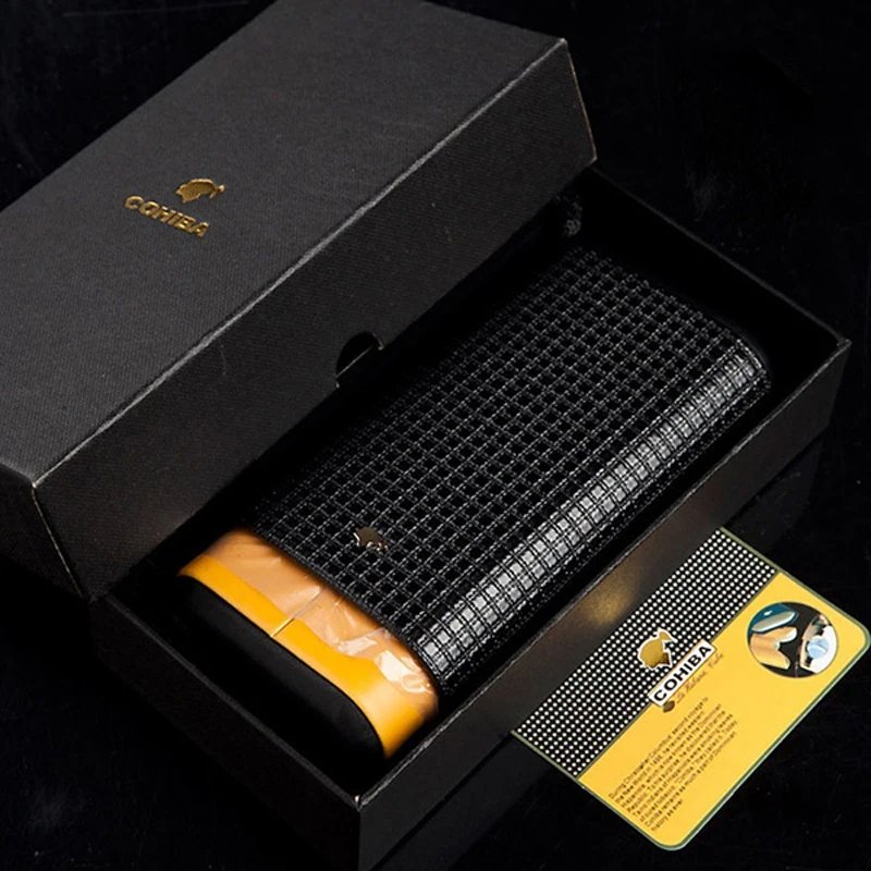 

COHIBA Cigar Case Tube Holder Black Leather Cedar Wood Portable Travel Humidor Box Holds 3 Cigars