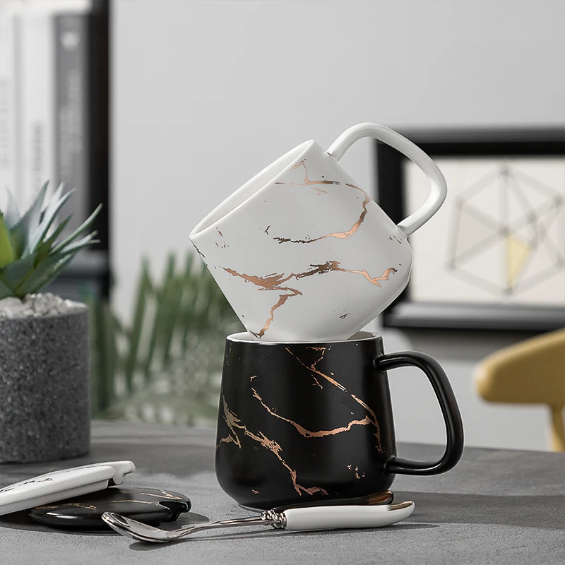 

420ML Marble Couple Cup Ceramic Coffee Mug With spoon an Cover Creative Valentine's Day Wedding Birthday Gift juice glasses