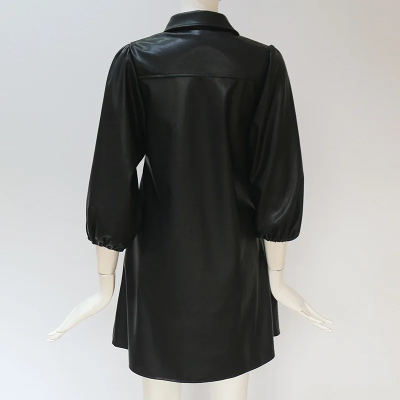 

2021 European and sk American ladies PU flared sleeve elastic lapel dress 1571