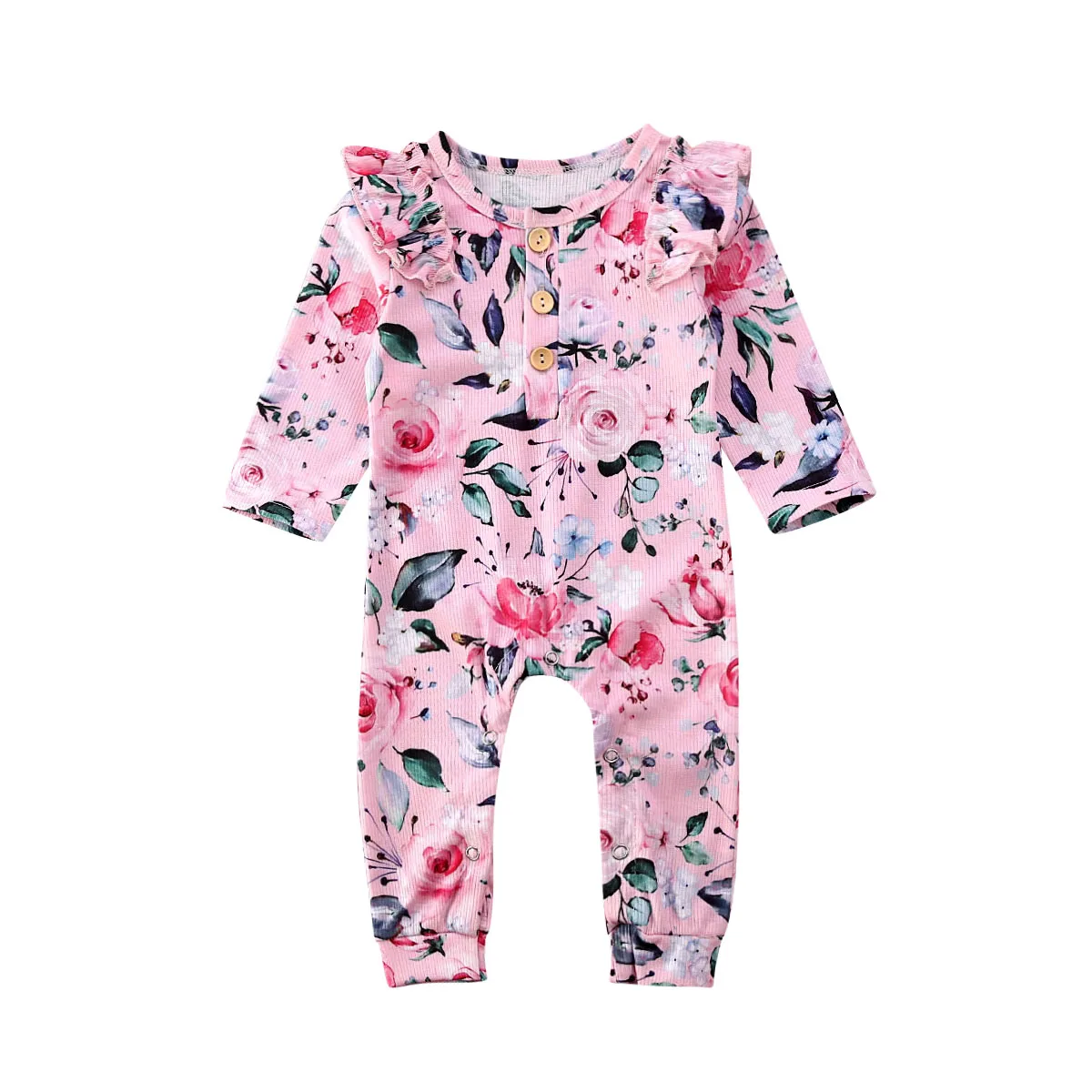 Детский трикотажный комбинезон с длинными рукавами и оборками цветочным принтом