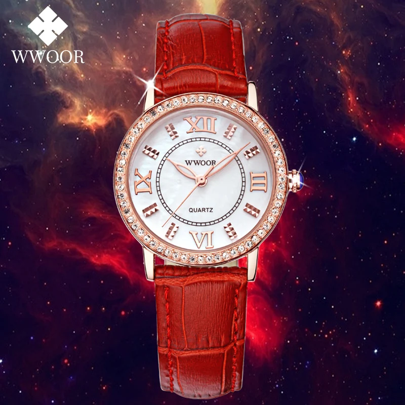 

WWOOR Famous Brand Luxury Diamond Women Watches Ladies Casual Dress Quartz Watch Female Fashion Red Genuine Leather Wrist Watch