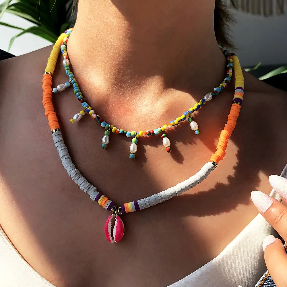 

2 Layered Long Confetti Seed Bead Necklace Bohemian Style Multicolor Choker Bikini Jewelry Ibiza Clay Necklace with Shell Charm
