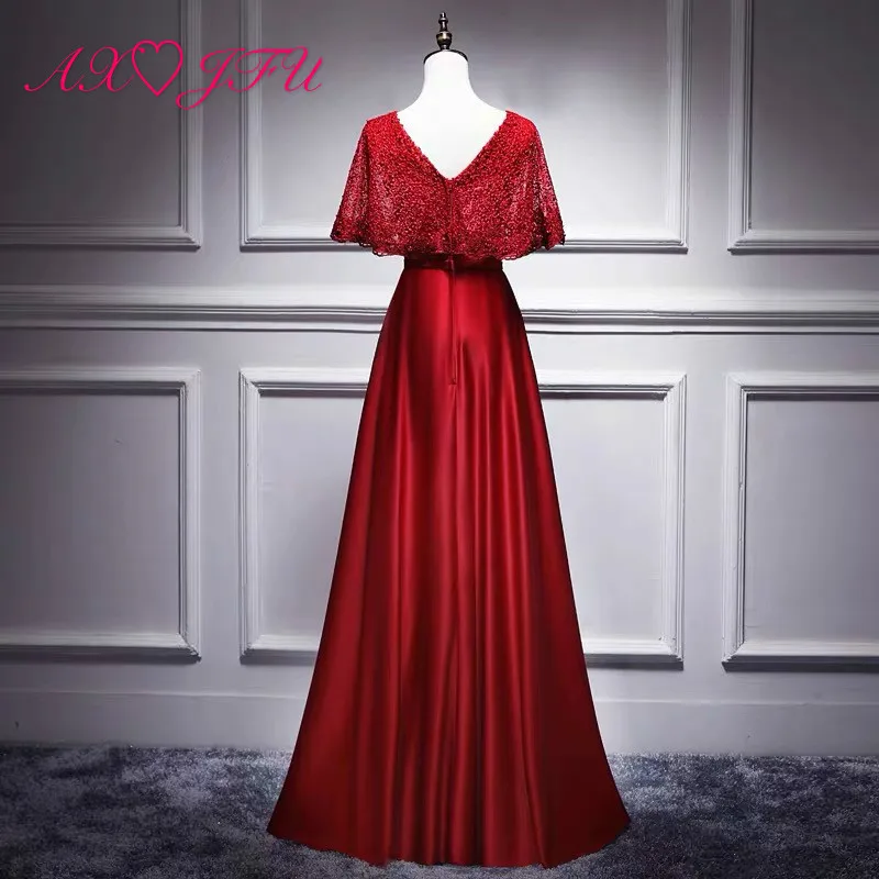 

AXJFU princess wine red satin batwing sleeve lace evening dress vintage grey beading pearls v neck party pink evening dress