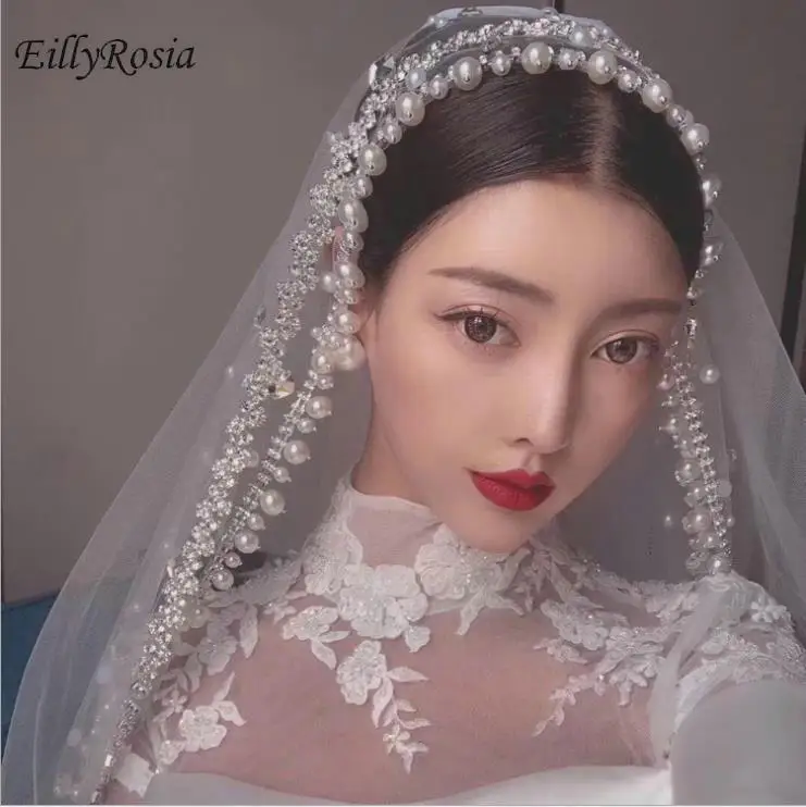 Белая свадебная фата с жемчугом Стразы 2 м длинная Тюлевая Высококачественная