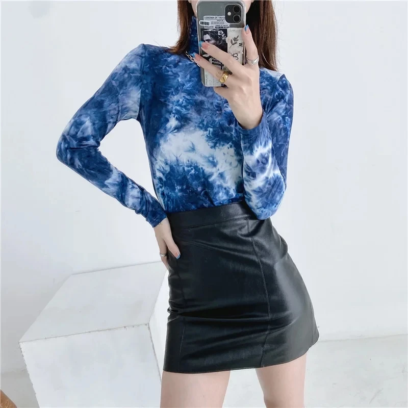 

Women High Neck Tie Dye Long Sleeved Fit T-shirt Turtleneck Tie Dye Long Sleeve Top