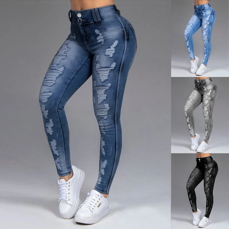 

Новые женские джинсы FAKUNTN, Стрейчевые рваные обтягивающие черные джинсы, сексуальные женские офисные трендовые брюки-карандаш с высокой та...