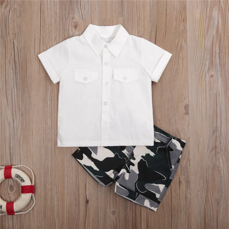 

Kids Baby Boys Clothing Summer Fashion 2-piece Outfit Set Button Short Sleeve Lapel Shirt and Camouflage Shorts Gentleman Set
