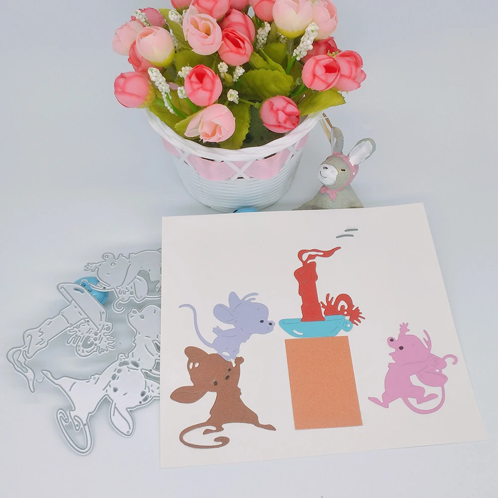

3 mice stealing oil candle metal cutting mold scrapbook DIY photo album photo frame decoration card