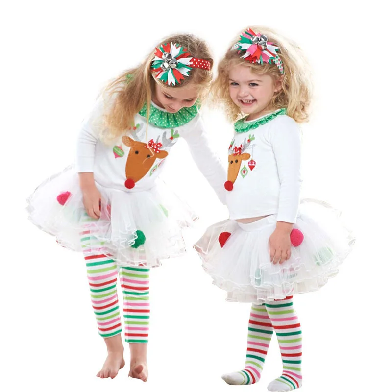 Рождественская Одежда для девочек с принтом лося цветная юбка в полоску