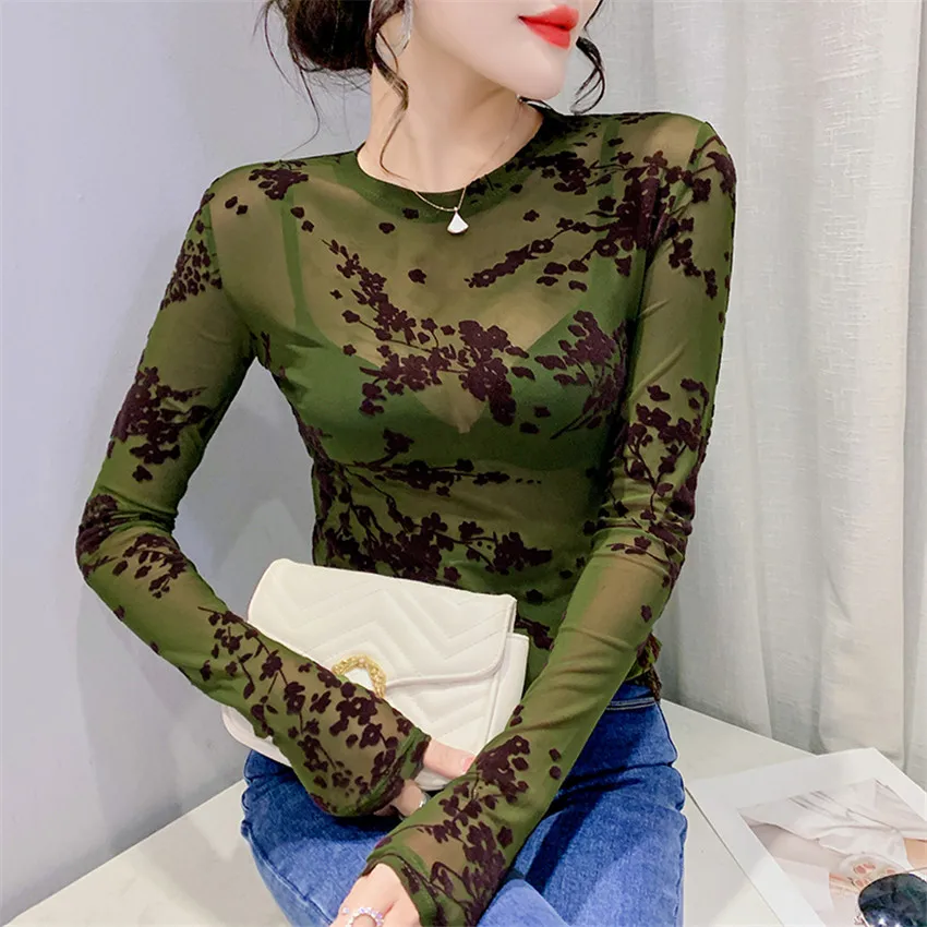 

Sexy See Through Sheer Vintage Mesh Blouse Womens Tops And Blouses Long Sleeve Slim Pullover Undershirt Blusa Feminina