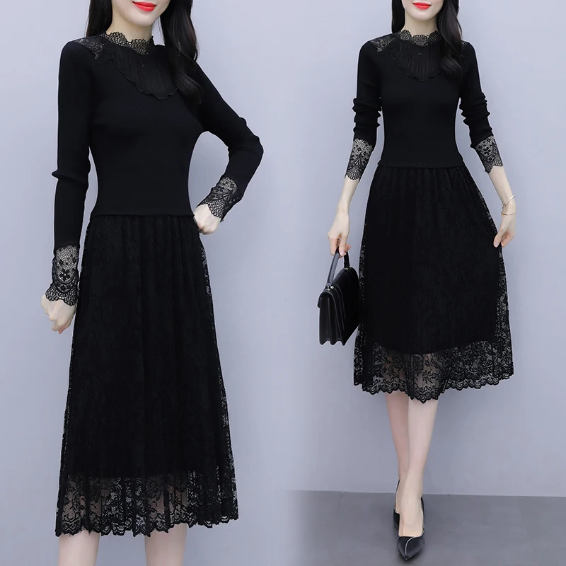 

Модное кружевное черное ТРАПЕЦИЕВИДНОЕ ПЛАТЬЕ, женские кружевные лоскутные Лоскутные дамские Коктейльные приталенные повседневные блузк...