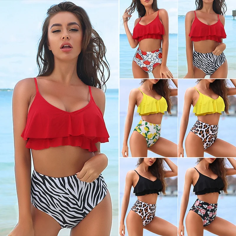 

Лидер продаж kf-женское бикини из 2 частей в стиле ретро с оборками и высокой талией