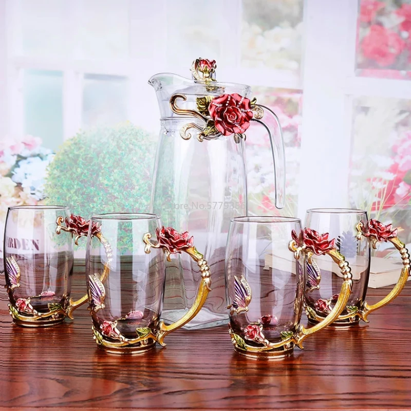 Red Rose Enamel Crystal Flower Glass Teapot for Hot and Cold Drinks 1300ml Home Drinkware Office Water Kettle Tea Set Coffee Pot