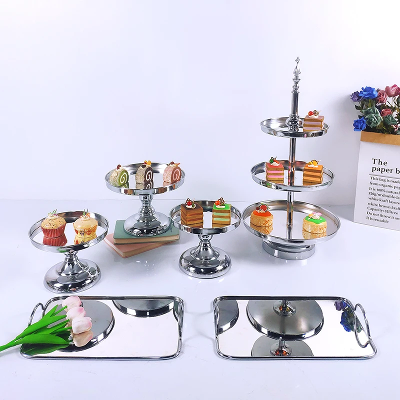 

3Tier silver 3-6PCS Wedding Cake Stand Set Gold Mirror Metal Cupcake Beautiful Tray Dessert Display Decoration Tools