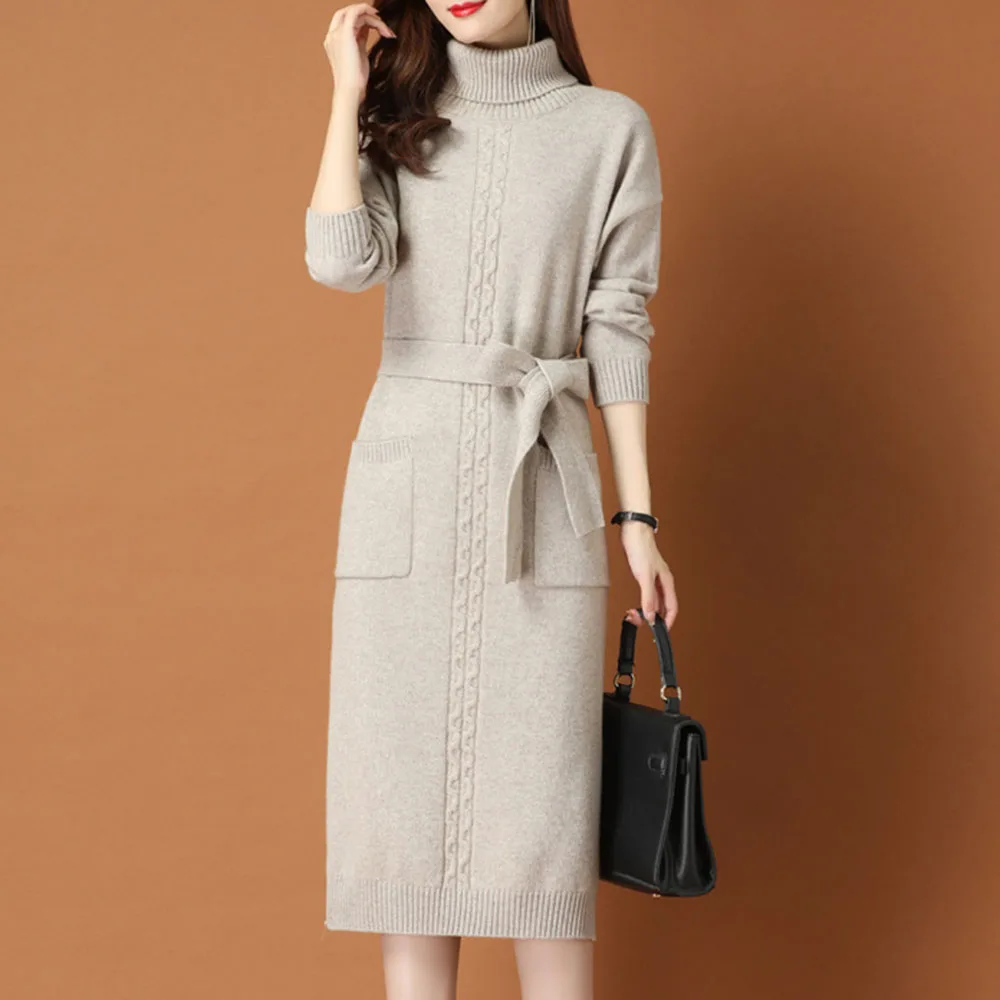 

Толстое вязаное свободное платье-свитер выше колена с высоким воротом, Осень-зима 2021, корейское платье-рубашка средней длины