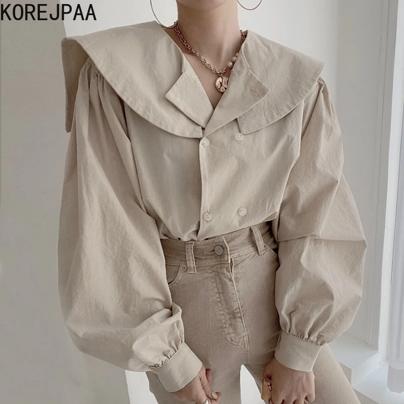 

Женская рубашка с отложным воротником, двубортная Свободная Повседневная Блузка с пышными рукавами в Корейском стиле, лето 2021