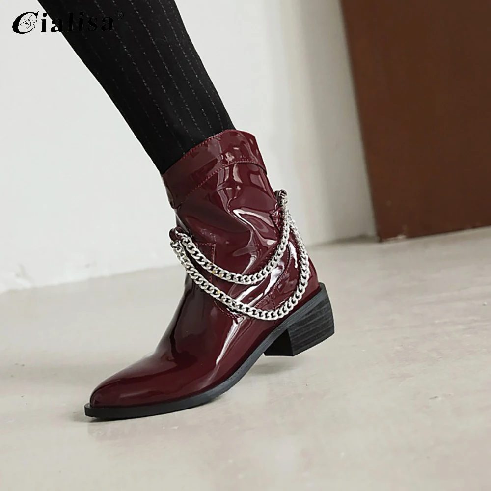 

CIALISA Ankle Boots Western Cowboy Women Shoes Fashion Pointed Toe Metal Decoration Thick Heels Shoes 2020 New Winter Boot
