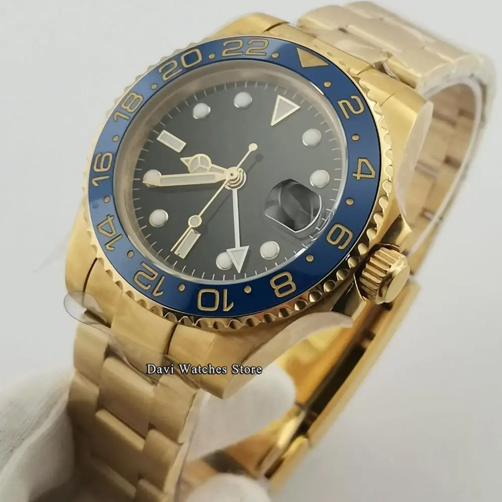 40 мм стерильные Для Мужчин's часы золотые Чехол черный циферблат синий ободок