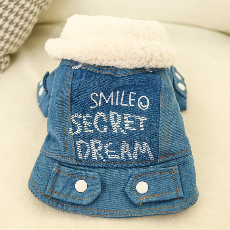 Теплая джинсовая куртка для собак Одежда животных модное зимнее Синее джинсовое