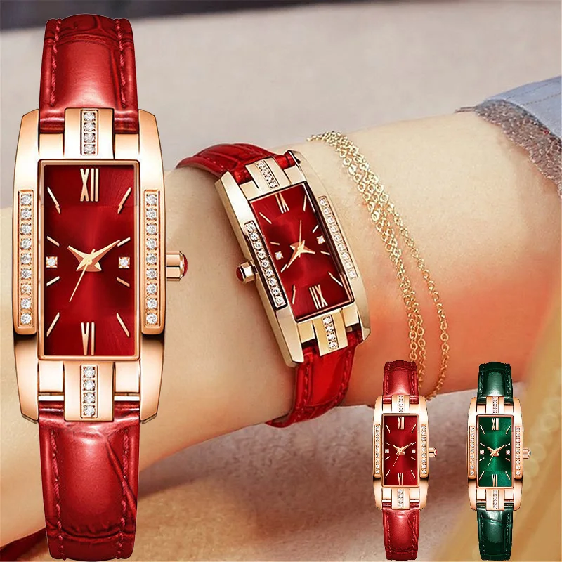 

Luxury Women Square Green Dial Bracelet Watches for Women Fashion Red Green Quartz Clock Ladies Leather Strap Wrist Watch Gift