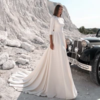 modest a line wedding dress with 34 sleeves handmade flowers pearl sweep train jersey muslim bridal gowns