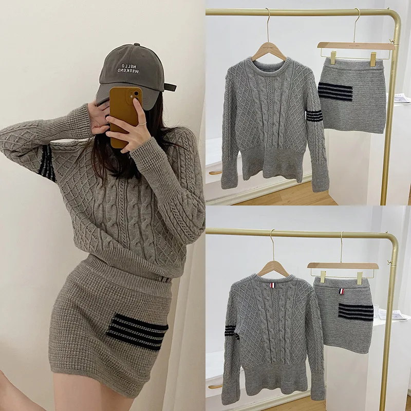 

Женский комплект из Свитера и юбки в полоску TB BROWIN, шерстяной костюм в Корейском стиле, вечерняя одежда, зима 2021