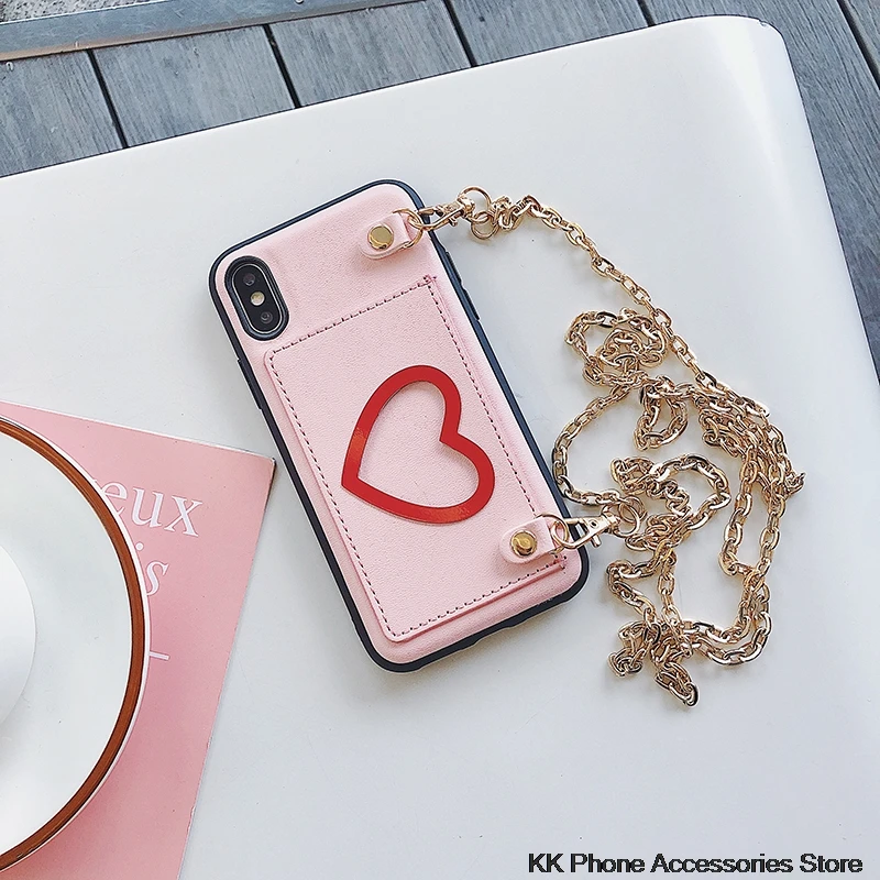 Чехол Кошелек с сердечками для iPhone X XR XS Max кожаный чехол длинной цепочкой через
