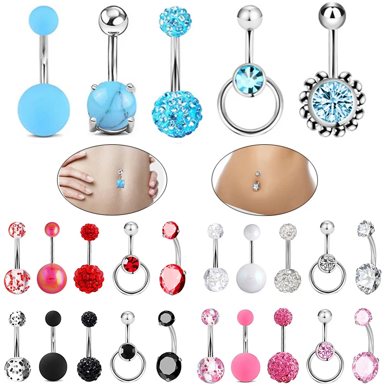 

New 5PCS Stainless Steel Belly Button Top Grade Belly Piercing Anti Allergy Crystal Body Piercings Personality Navel Rings