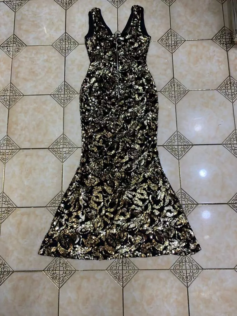 

LEGG Women Sexy V Neck Split Sparkly Fishtail Party Dress Elegant Long Trumpet Prom Celebrity Bodycon Party Dress Vestido