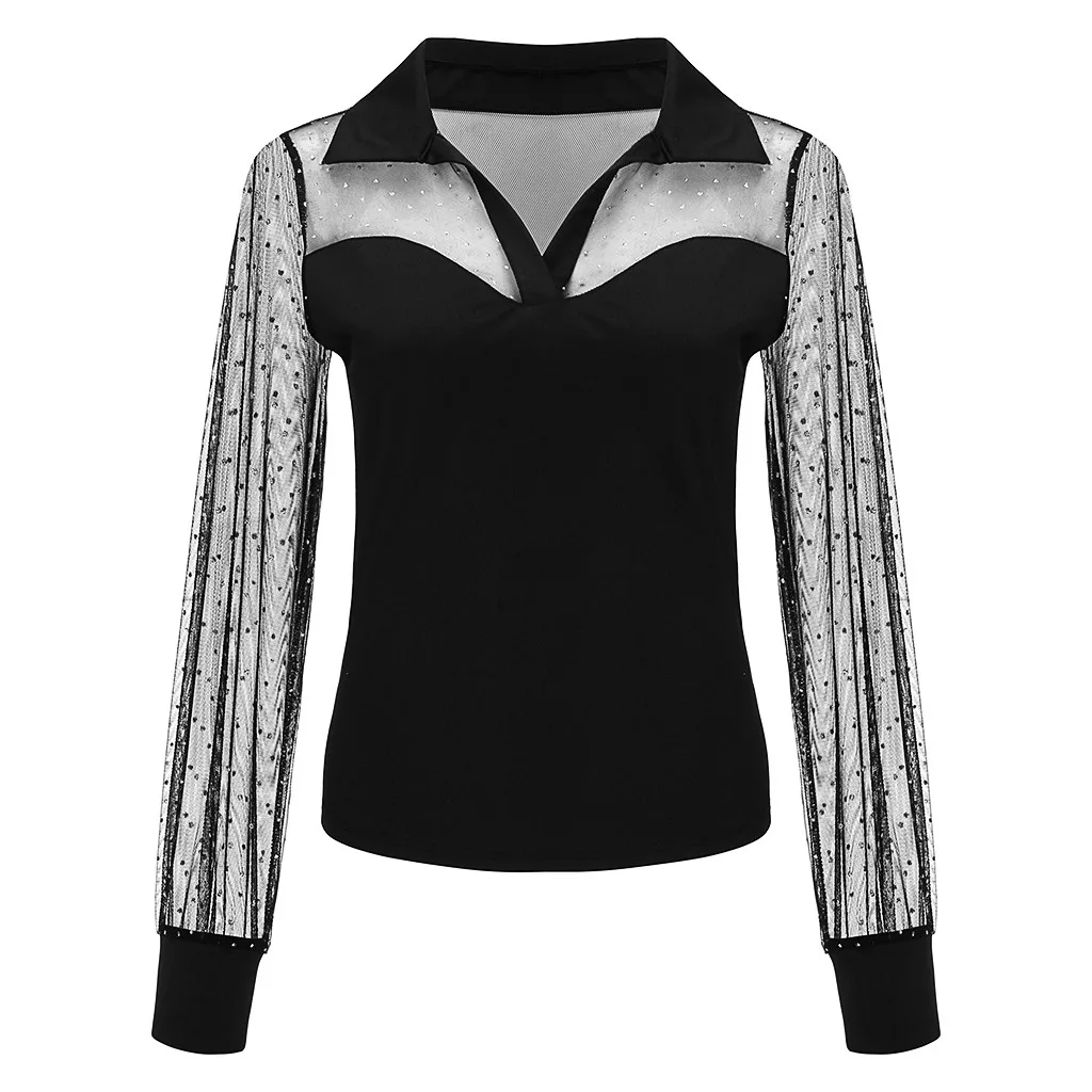 WOMAIL Black Ladies Lapel Bloused 2020 New Casual Long Sleeve Polka Dot Mesh Splicing Top Spring Summer Slim Tops Shirt 20Jan03 |