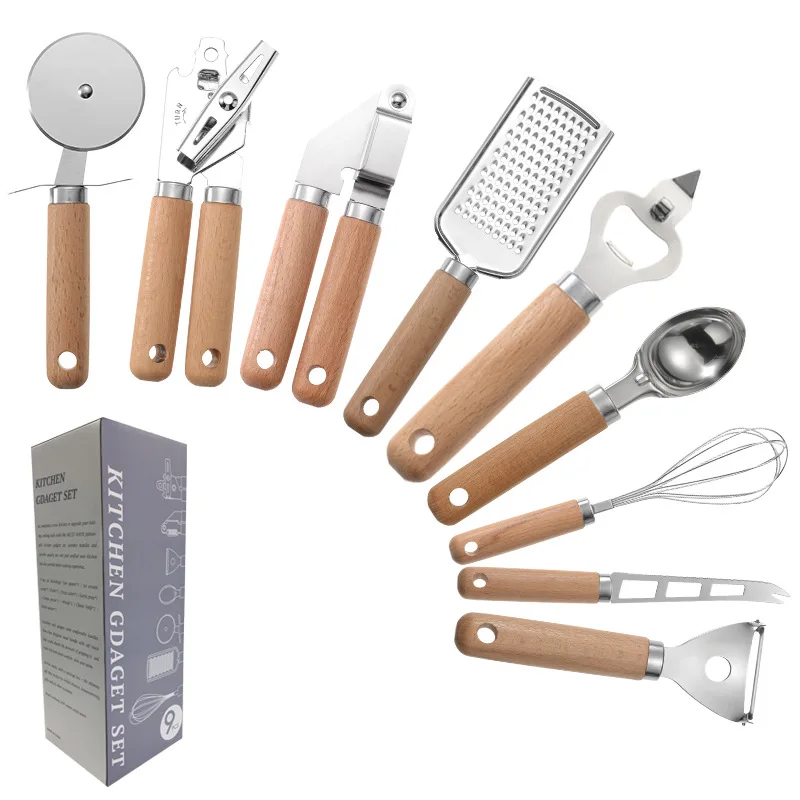 9 Pcs Stainless Steel Cooking Utensil Set with beech wood Handle Kitchen Tool Gadget Garlic Cheese Grater Knife Pizza Cutter New
