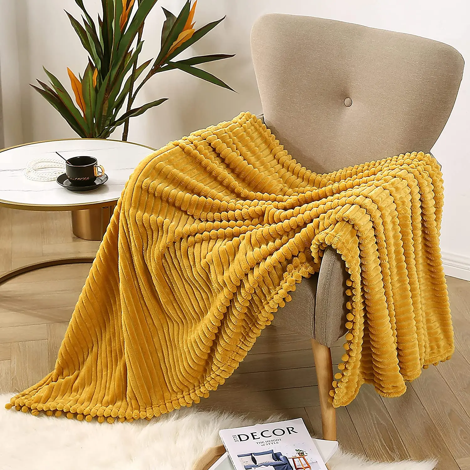 

Flannel Blanket with Pompom Fringe Soft Throws Couch Blanket Stripe Pattern for Bed Sofa Winter Lightweight Cozy Bed Blanket