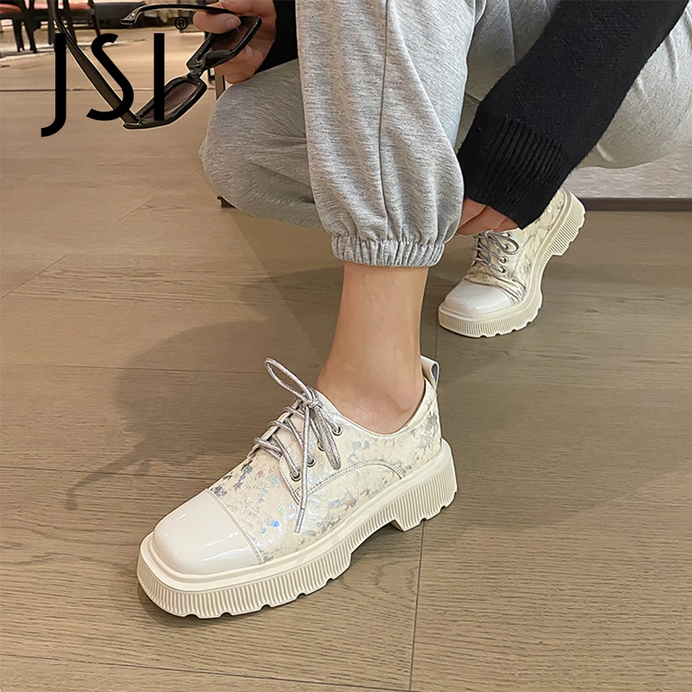 

JSI Women Shoes Fashion Pink Print All-Match Genuine Leather Flats Square Toe Lace-Up Commute Platform Casual Lady Flats VO388