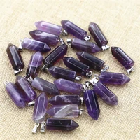 wholesale natural stone quartz crystal pendant purple agates pendant hexagon column pendant leather chain necklace fashion charm