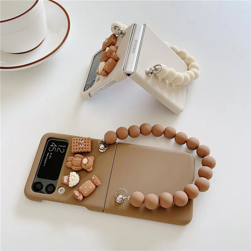 Korea Cute Cartoon 3D Doll Phone Cases For Samsung Galaxy Z Flip 3 Beaded Bracelet Cover Case for Flip3 ZFlip3 ZFlip | Мобильные