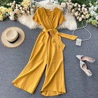 womens summer jumpsuit new solid color v neck short sleeved wide leg pants with waistband fashion jumpsuit ll030