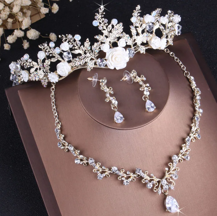 

high-end gold white tiara necklace earrings jewelry sets bride wedding accessories